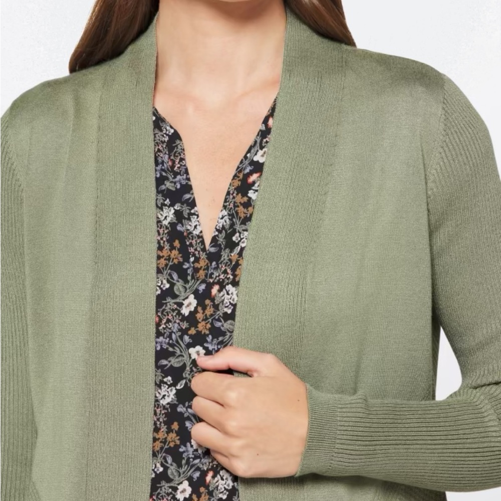 Green Open-Front Cardigan Sweater Lightweight Knit - Picture 4 of 10